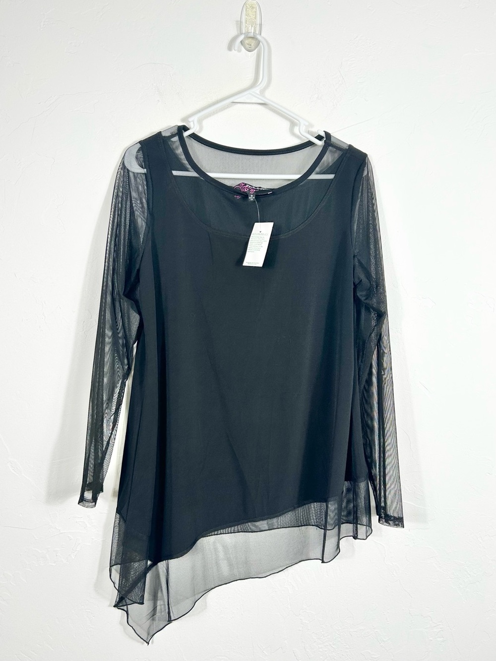 Y2K Peck & Peck NWT Black Mesh Overlay Blouse M Asymmetrical Hem Long Sleeve